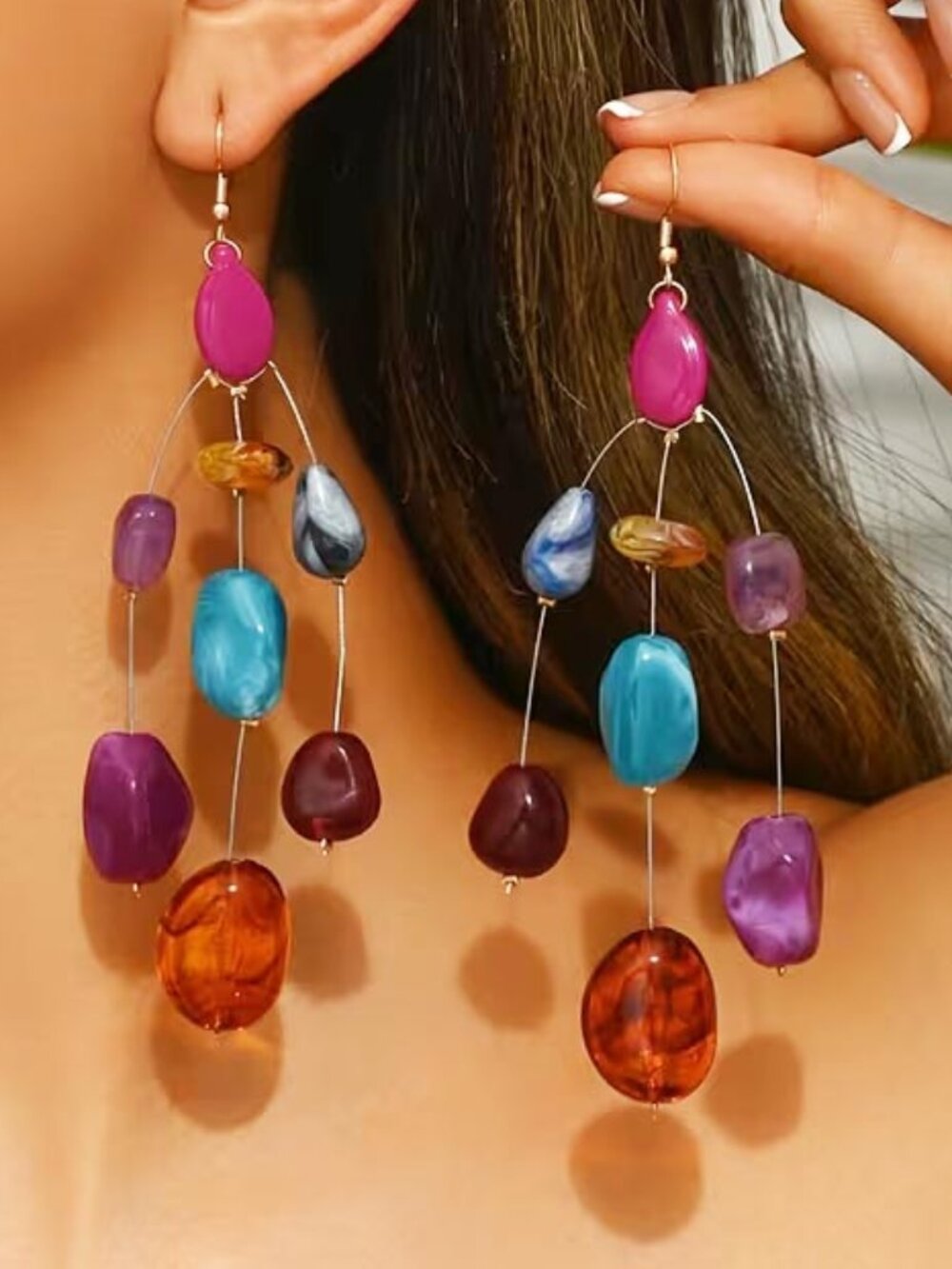 CALDER-ESQUE LUCITE COLORFUL GRADATED "STONES" HANGING EARRINGS N